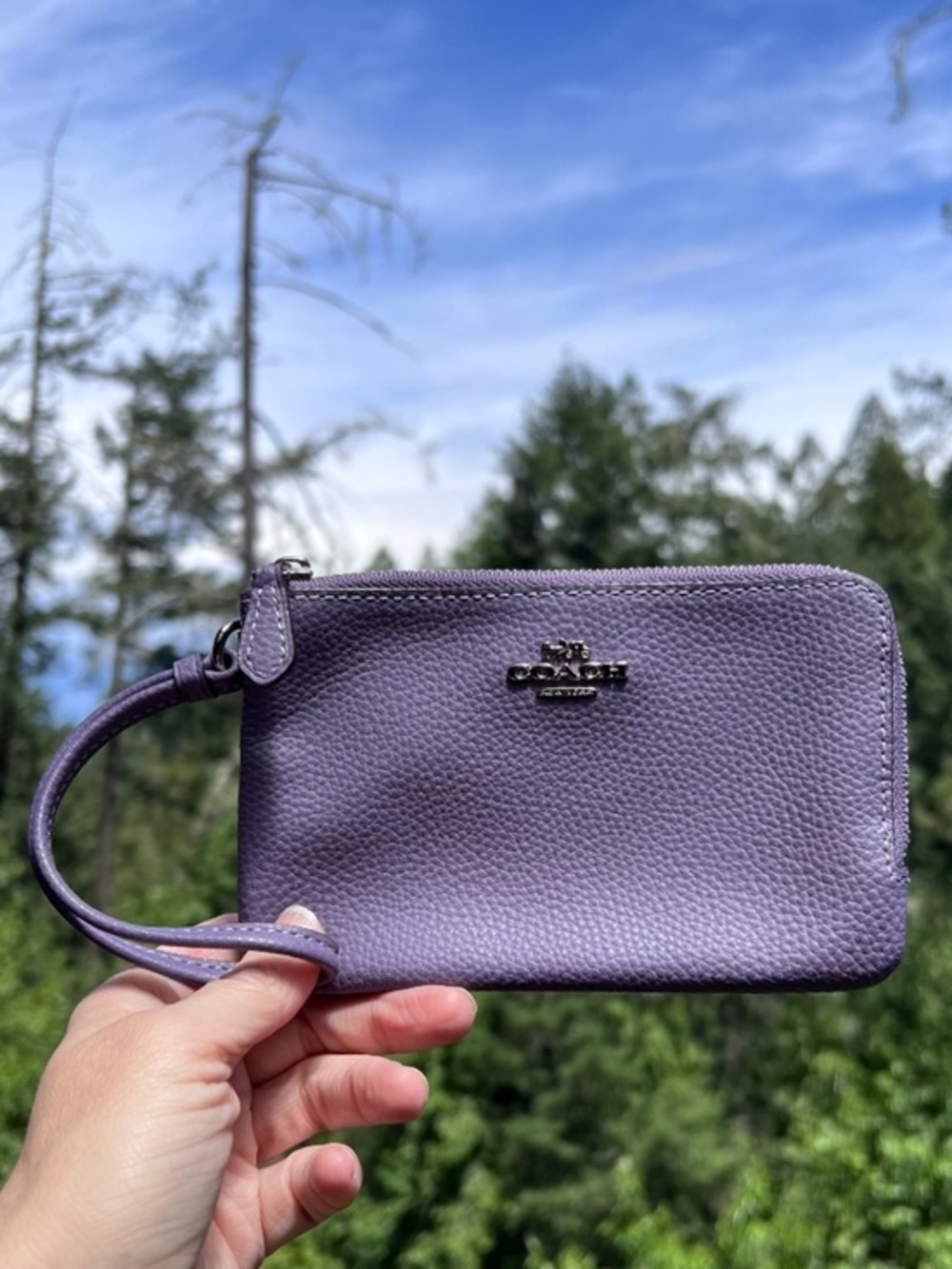 COACH Purple Pebbled Leather Wristlet Wallet Double Zip Silver Hardware AUTHENTC